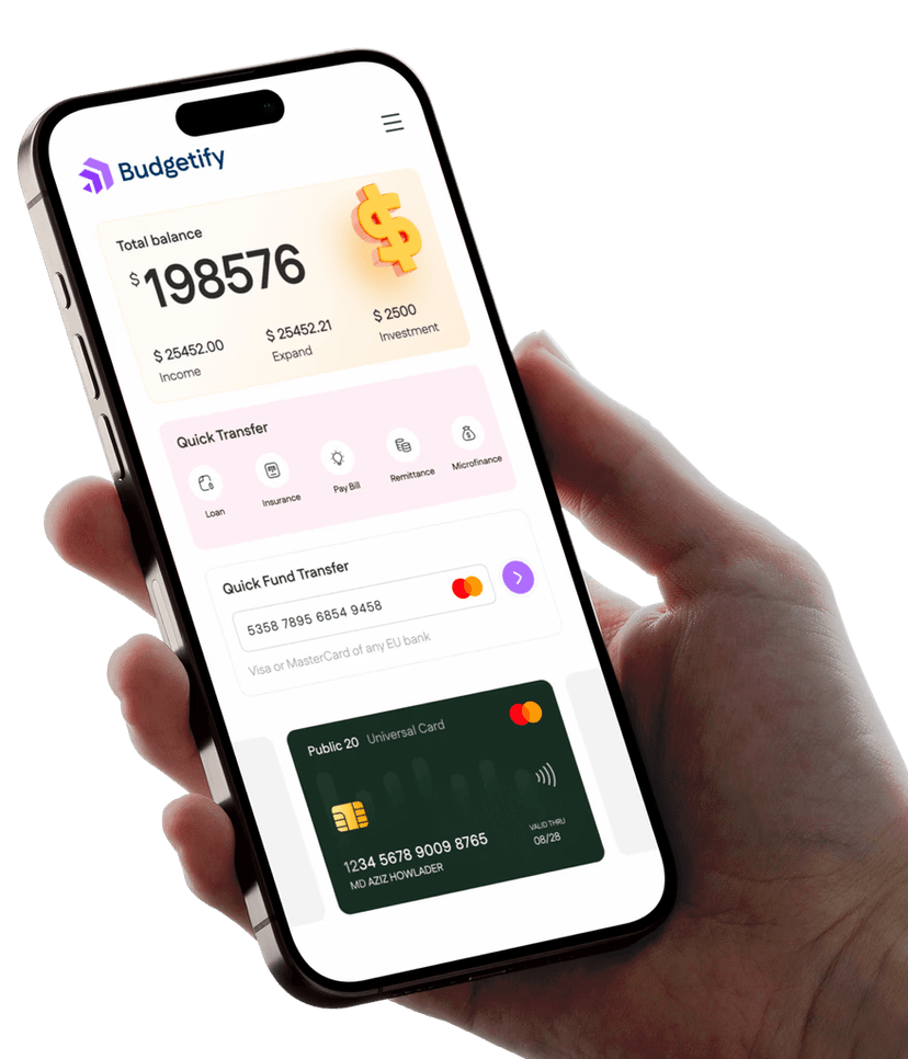 Mobile payment app interface showing financial dashboard